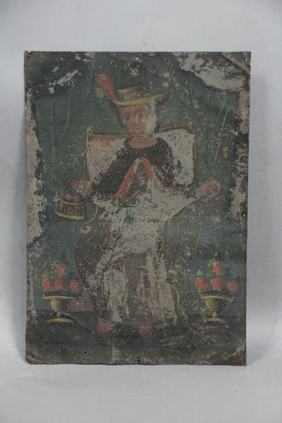 Historical painting of a figure with flowers.
