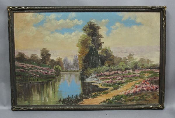 Serene landscape with river and flowers.