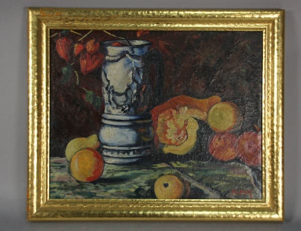Still life with fruits and vase painting.