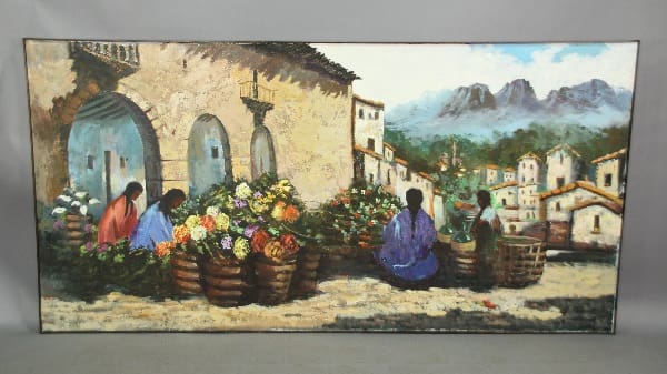 Market scene with women and colorful flowers.