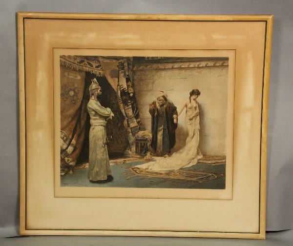 Scene of three figures in historic setting.