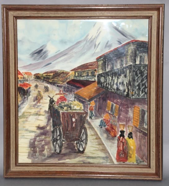 Colorful street scene with horse-drawn carriage.