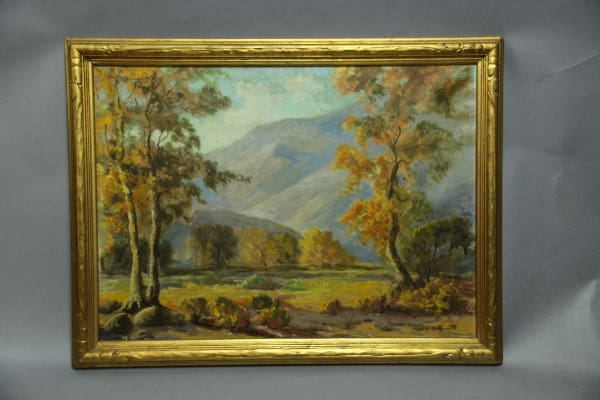 Autumn landscape painting with mountains and trees.