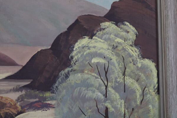 Landscape painting featuring mountains and trees.