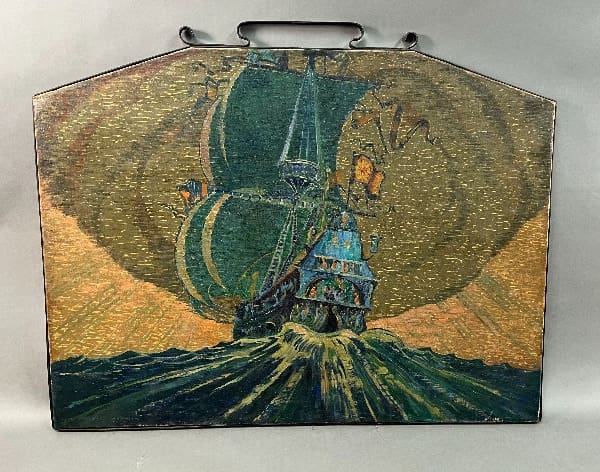 Painting of a ship on turbulent seas.