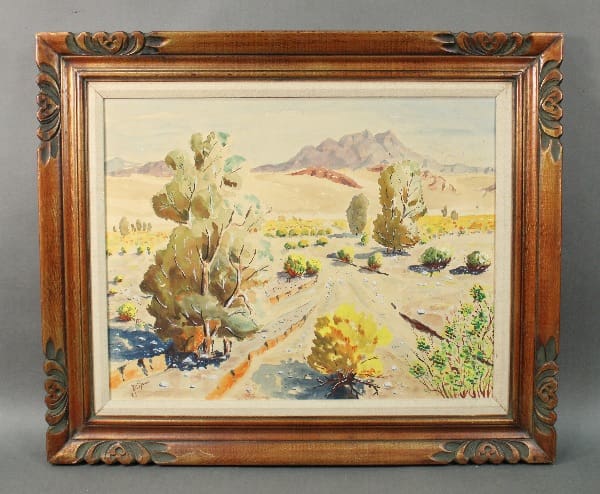 Desert landscape painting with trees and mountains.