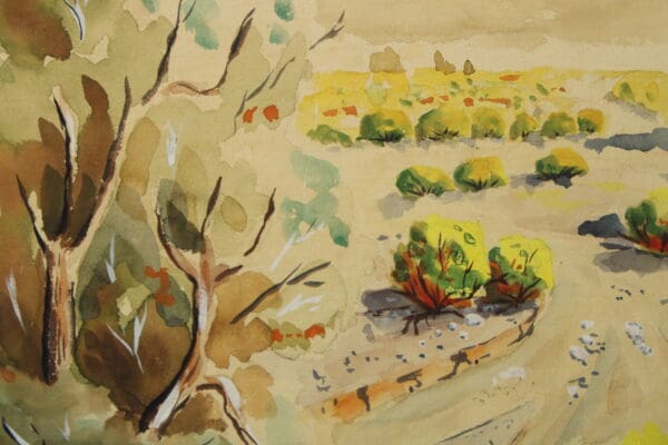 Watercolor landscape with trees and bushes.
