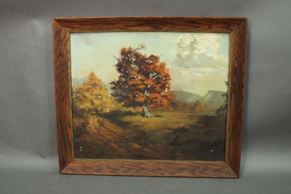 Autumn landscape painting with trees and mountains.