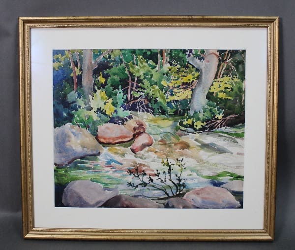 Landscape painting of a riverside scene.