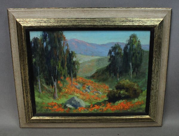 Vibrant landscape painting with orange flowers.