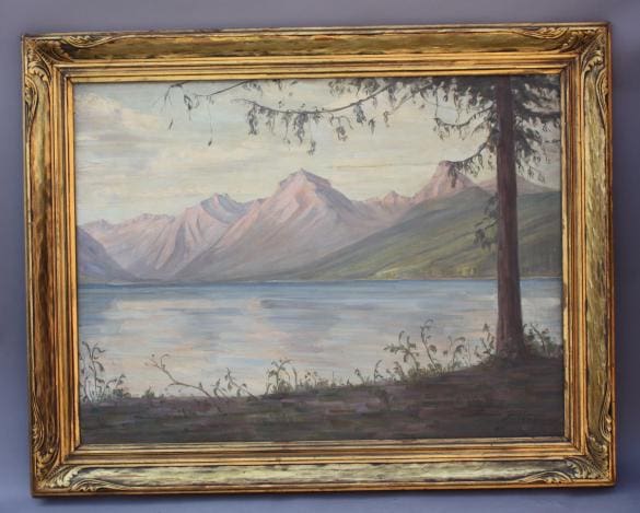 Mountain landscape painting with lake.