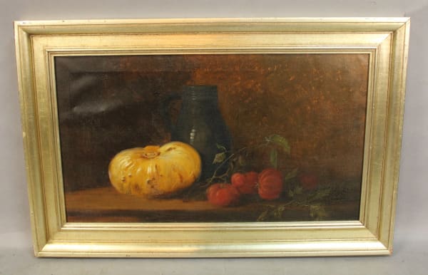 Framed still life painting with fruits.