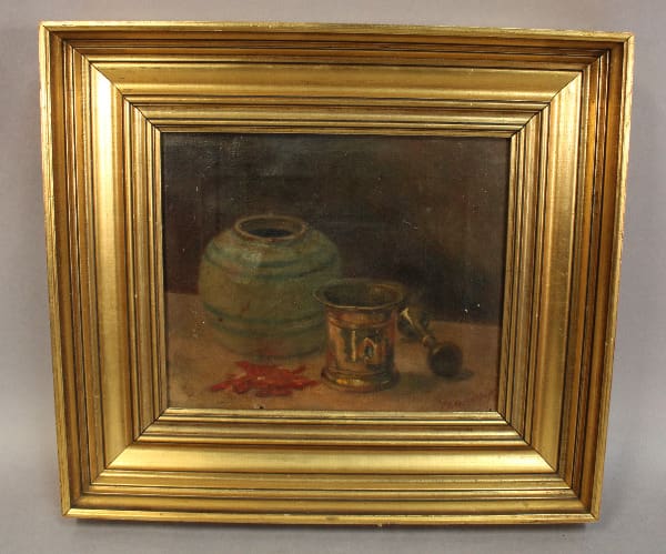 Framed still life painting with pottery.
