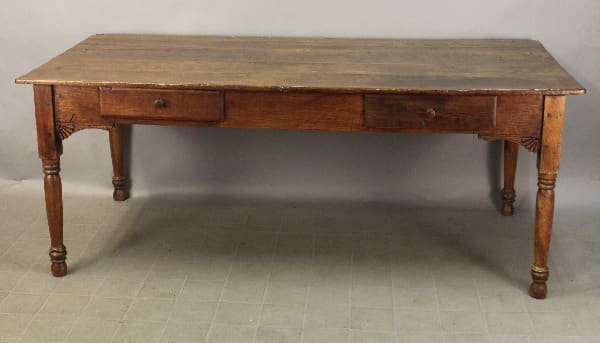 Wooden table with two drawers, vintage design.