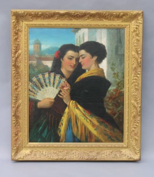 Painting of two women with a fan.