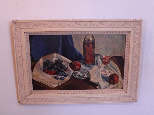 Still life painting with fruit and wine.