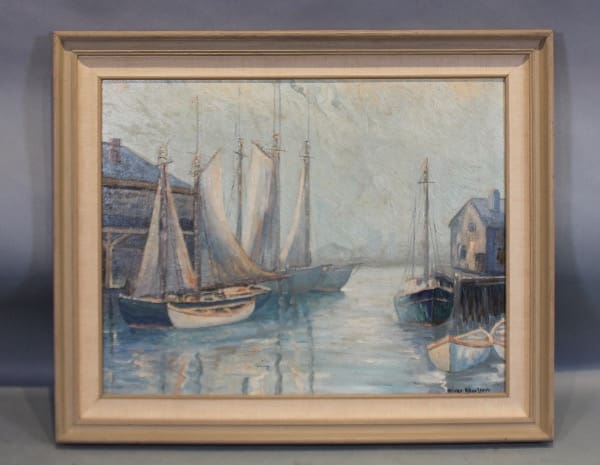Painting of sailboats near a dock.