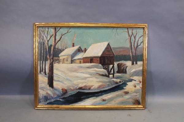 Winter landscape painting with snowy cabin scene.