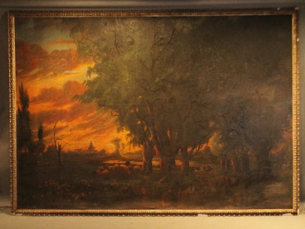 Sunset landscape painting with trees and sky.