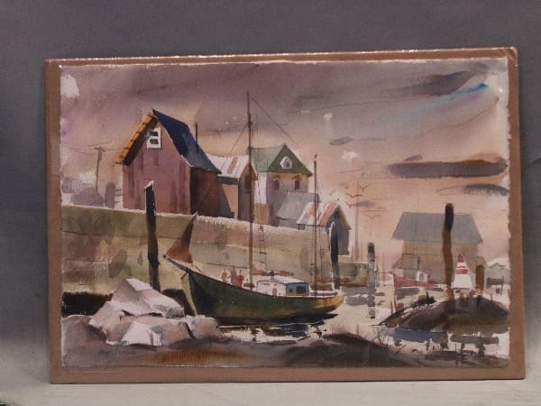 Watercolor painting of boats at a dock.