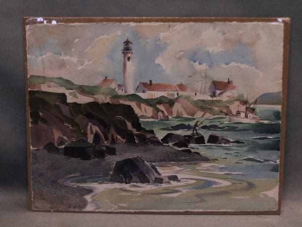 Lighthouse and seaside landscape painting.