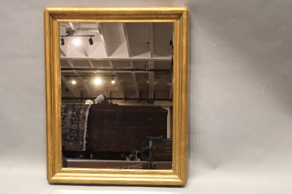 Gold-framed mirror reflecting indoor ceiling lights.