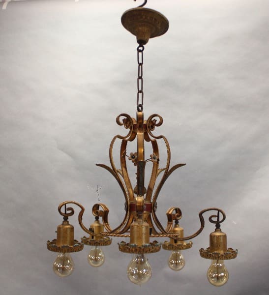 Vintage five-light ornate metal chandelier fixture.