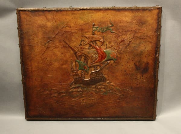 Vintage ship painting with aged, textured background.