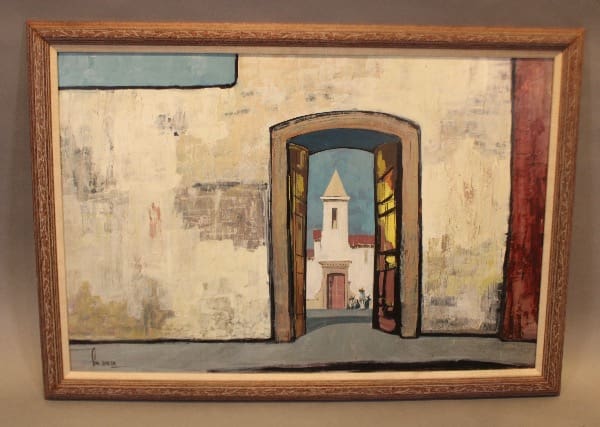 Painting of doorway with distant building.
