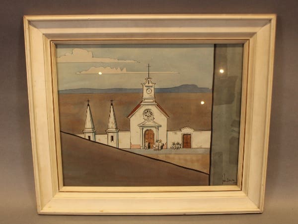 Framed painting of a church landscape scene.