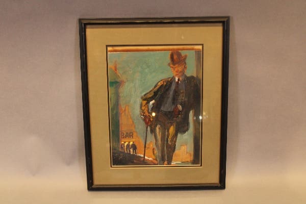 Framed painting of a man with cane.