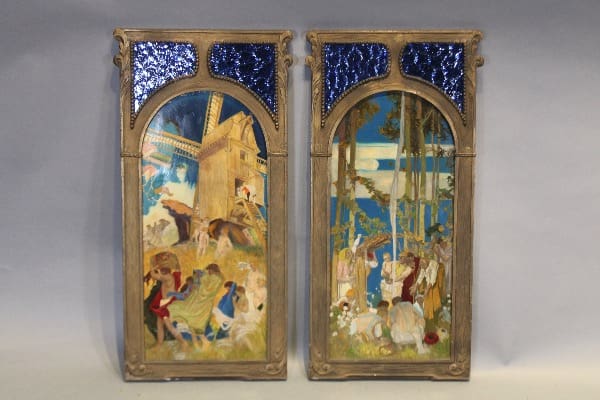 Two decorative panels with colorful illustrations.