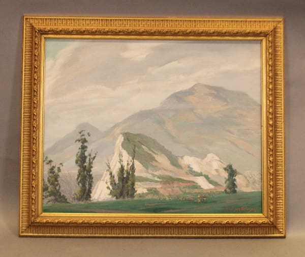 Landscape painting with mountains and trees.