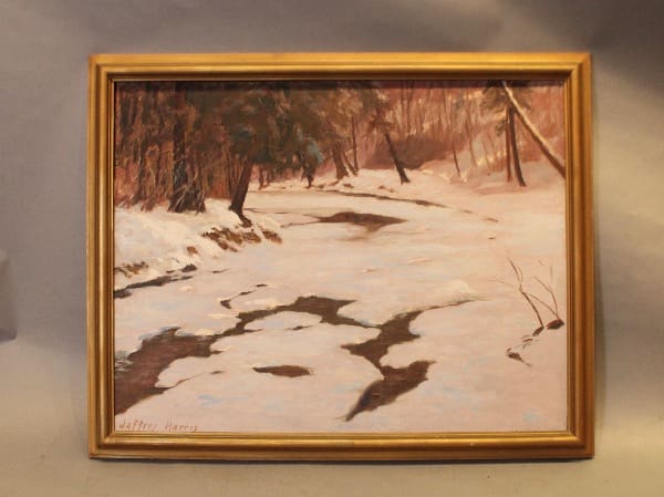 Framed painting of a snowy winter landscape.
