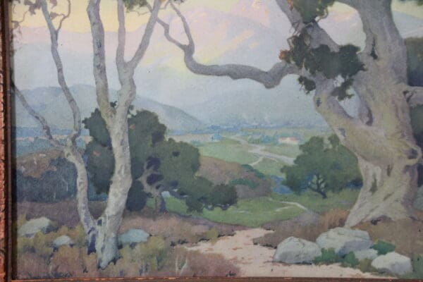 Landscape painting with trees and distant hills.