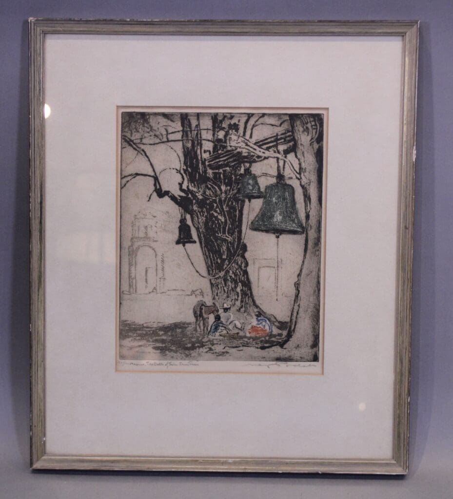 Framed artwork of tree with hanging bells.