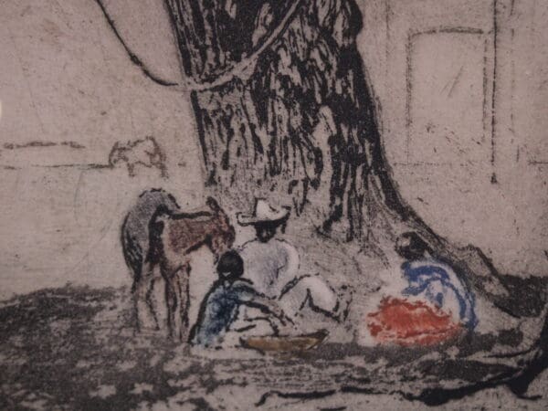 People resting under a large tree drawing.