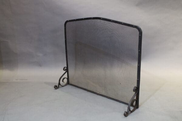Metal mesh fireplace screen with decorative sides.