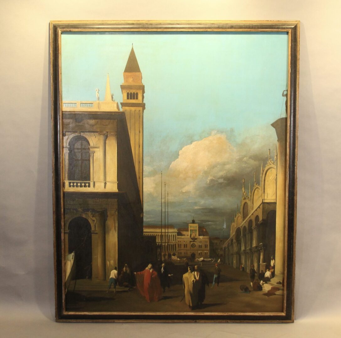 Painting of an Italian cityscape with tower.