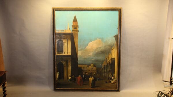 Painting of a cityscape with tower.