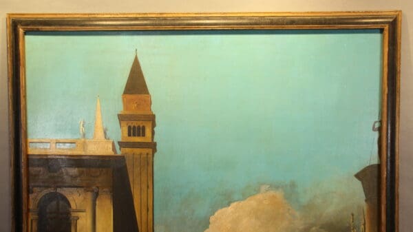 Painting of a tower against blue sky.