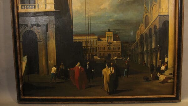 Historic painting of people in a plaza.