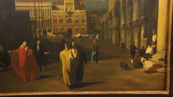 Historic European street scene with figures walking.
