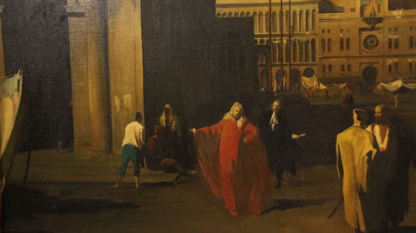 Historical scene with figures in dramatic poses.