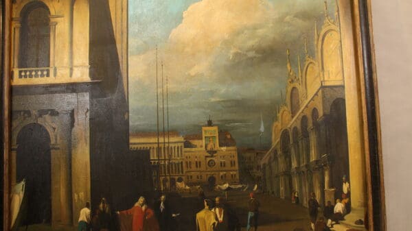 Painting of a historic city square scene.
