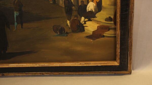 Framed painting with people on steps.