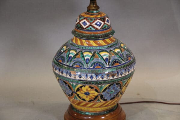 Colorful ceramic lamp with intricate patterns.