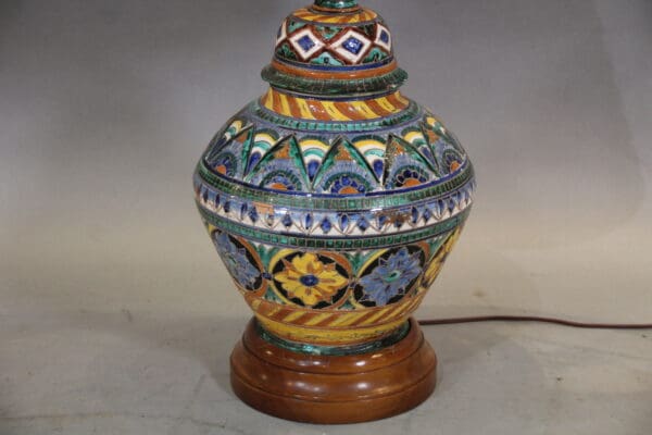 Colorful ceramic lamp with intricate patterns.