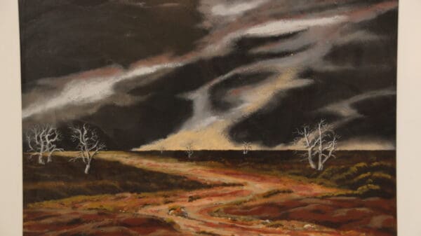 Stormy landscape with barren trees and path.