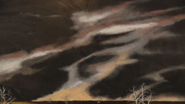 Dark sky with swirling clouds and trees.